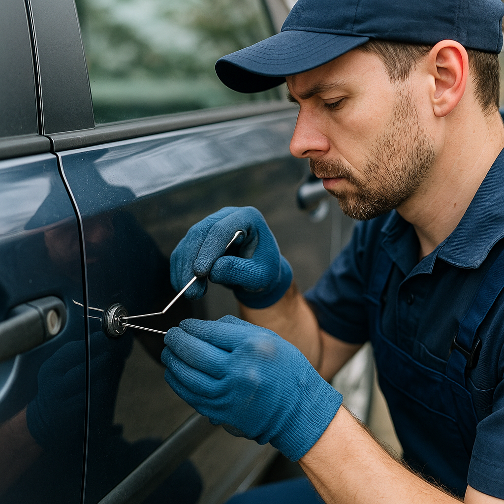 Ein Fachmonteur des Schlüsseldienstes Solingen-Mitte öffnet eine verschlossene Autotür sorgfältig und stellt den Zugang zum Fahrzeug wieder her.