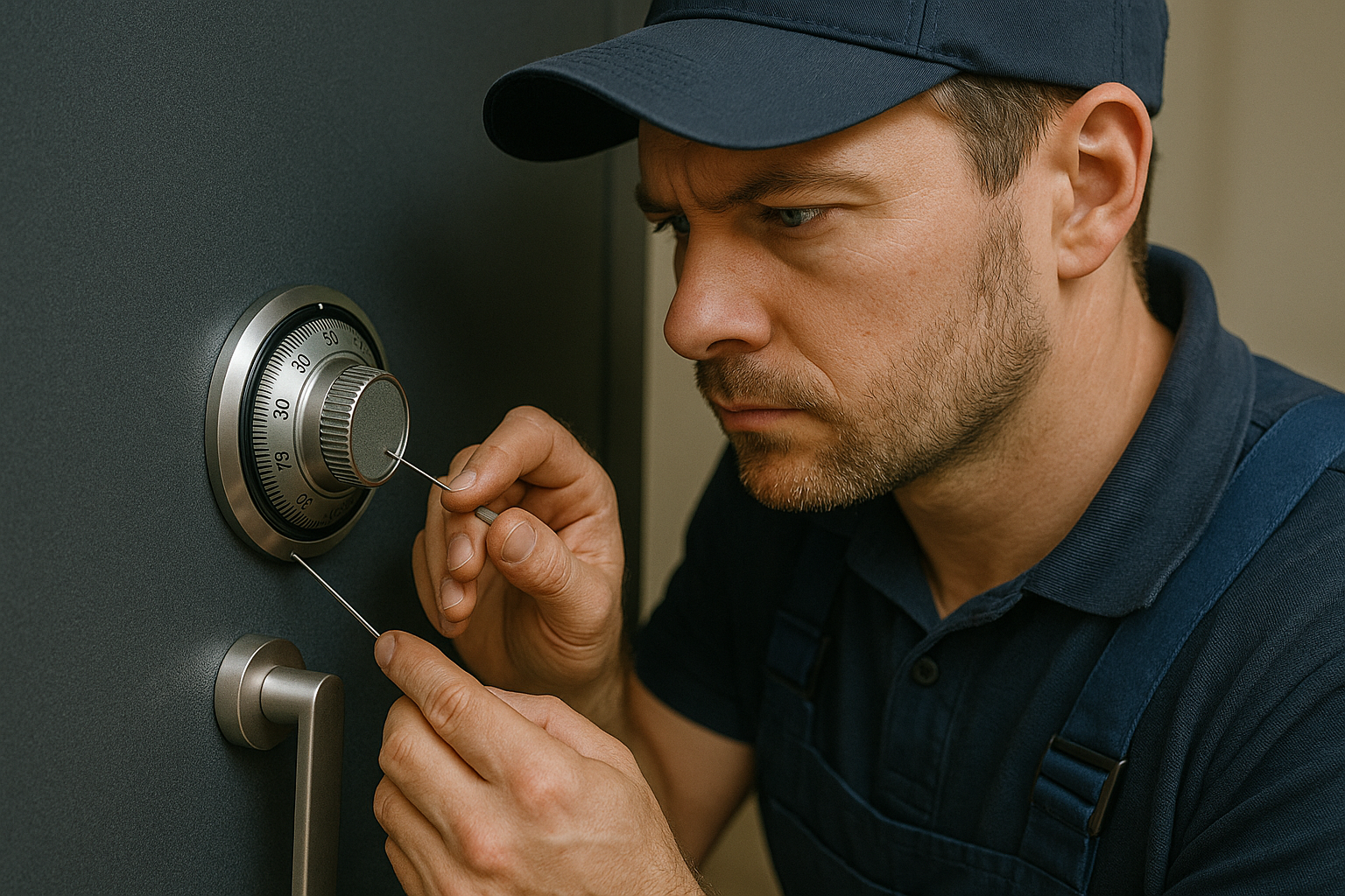 Ein Techniker des Schlüsseldienstes Solingen-Mitte arbeitet präzise an einem Tresor und ermöglicht den erneuten Zugriff auf den Inhalt.