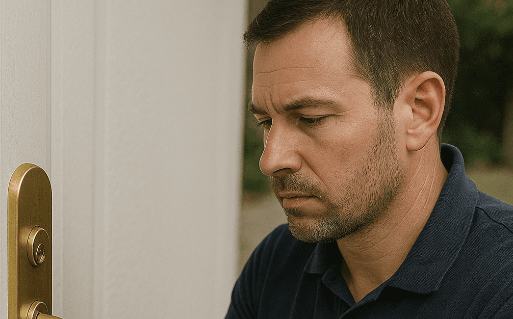 Ein Mitarbeiter des Schlüsseldienstes Solingen-Mitte arbeitet an einer Haustür und unterstützt bei einer unerwarteten Aussperrung.